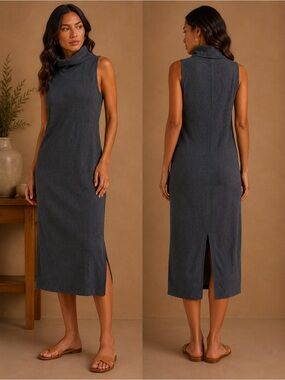 Banana Republic Sleeveless Turtleneck Midi Dress in Charcoal Gray